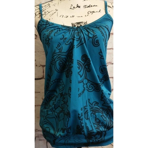 Vintage Teal Peacock Spaghetti Strap Cami Stretch MINI DRESS Size Medium USA - Picture 6 of 7